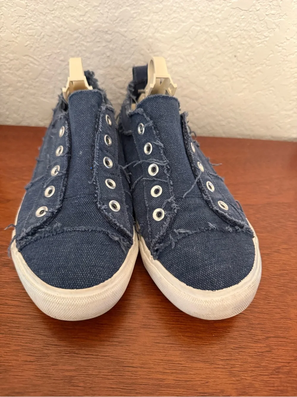 Corkys Woman’s Navy Frayed Canvas Slip-On Sneakers